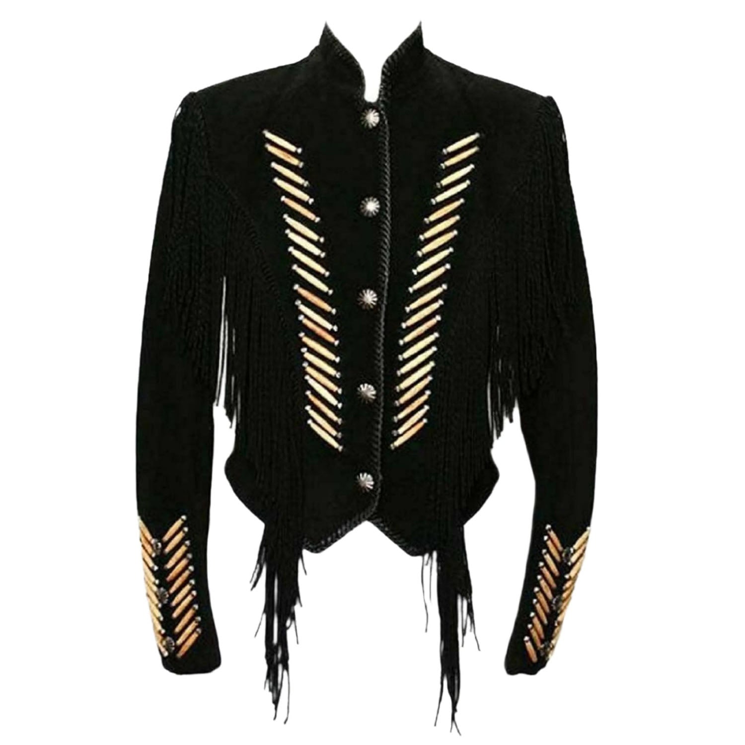 Black Suede Leather Fringe Bone work Jacket For Women front view