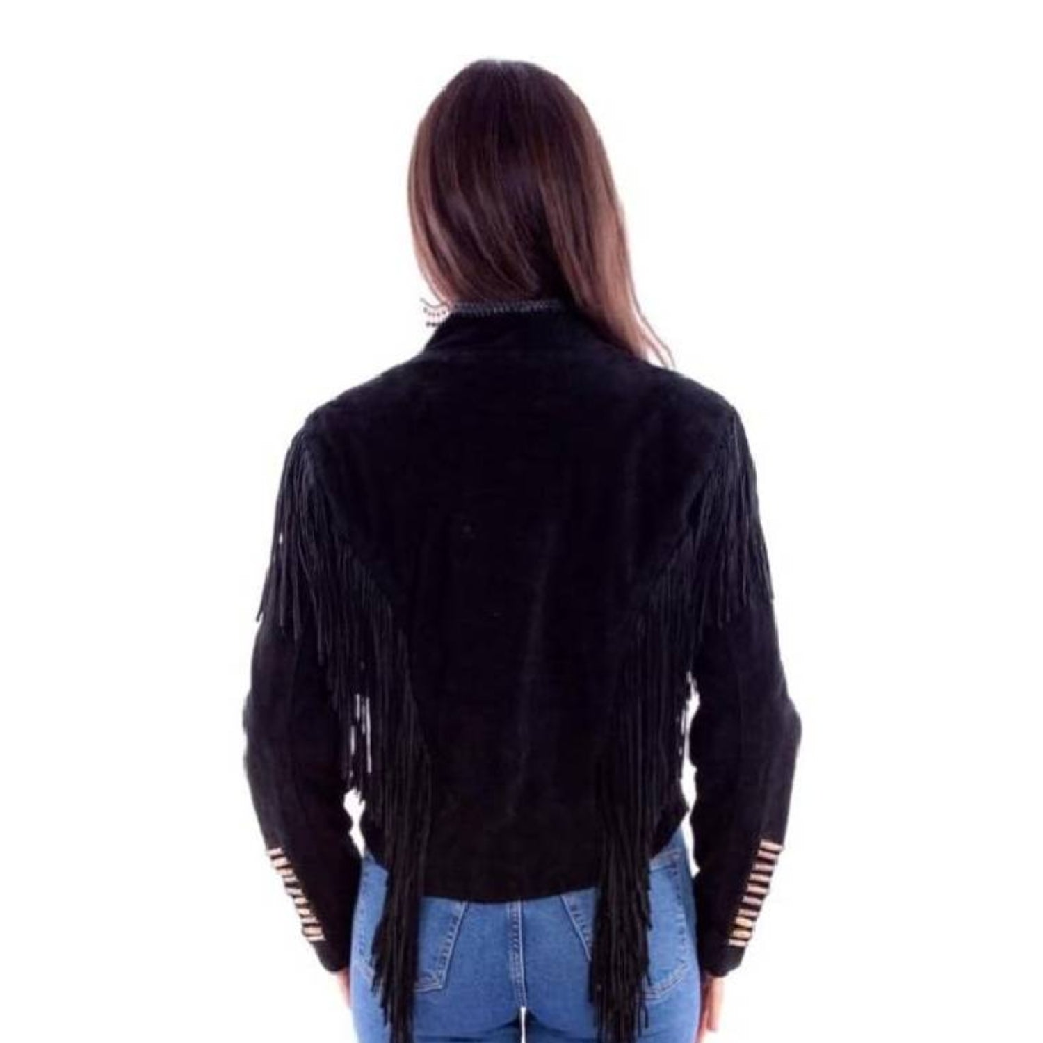 Black Suede Leather Fringe Bone work Jacket For Women side view