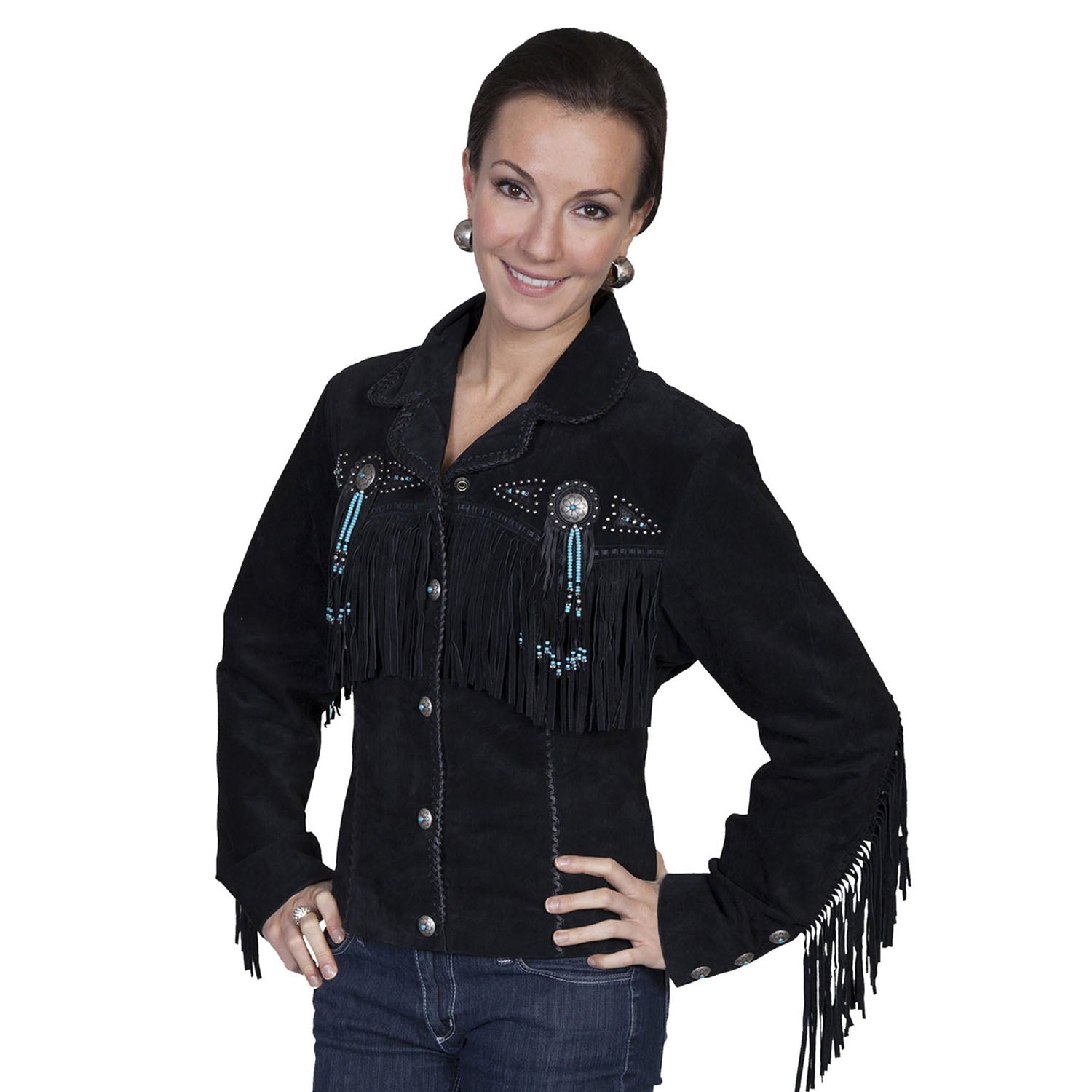 Black Suede Leather Fringe Concho Beaded Jacket For Women front view