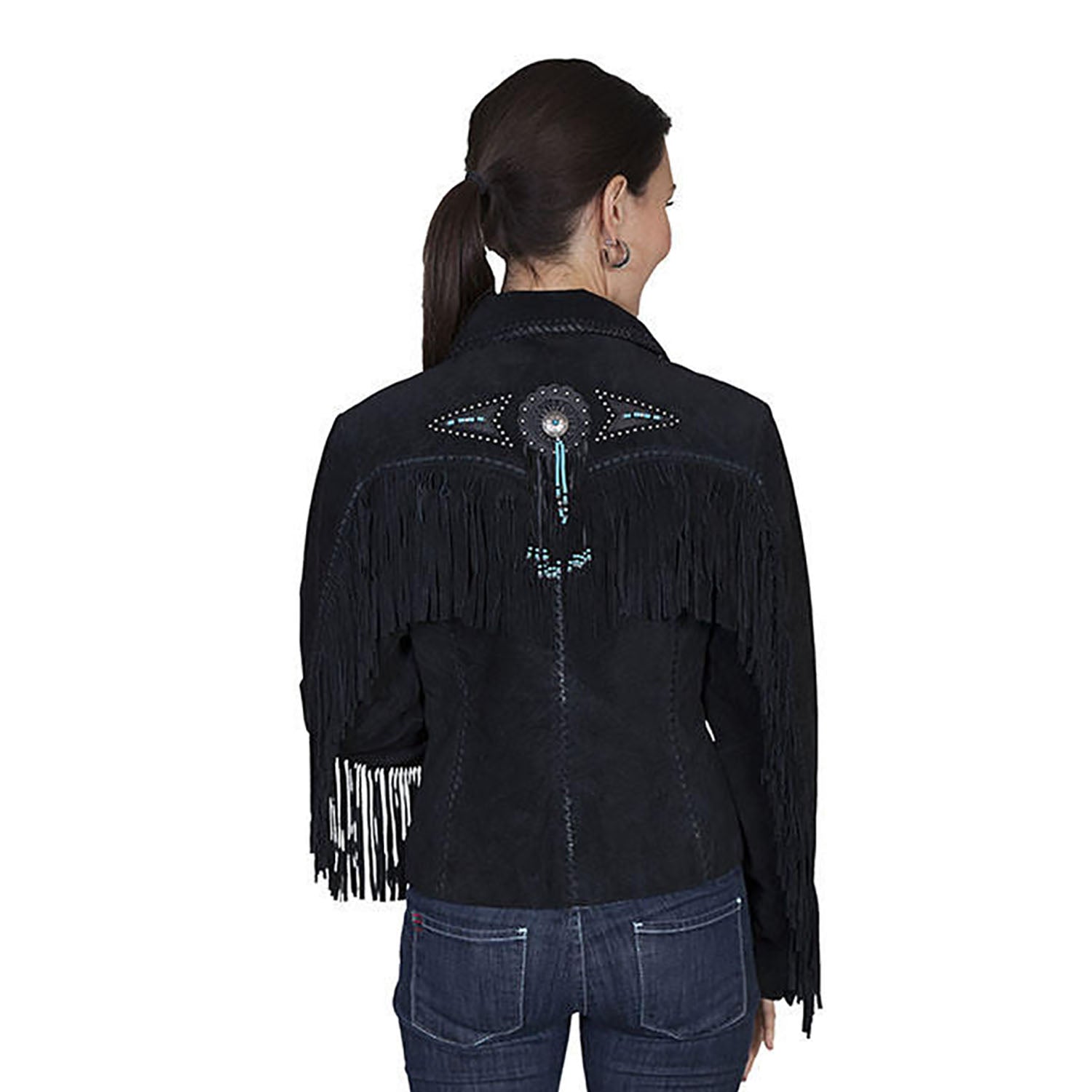 Black Suede Leather Fringe Concho Beaded Jacket For Women side view