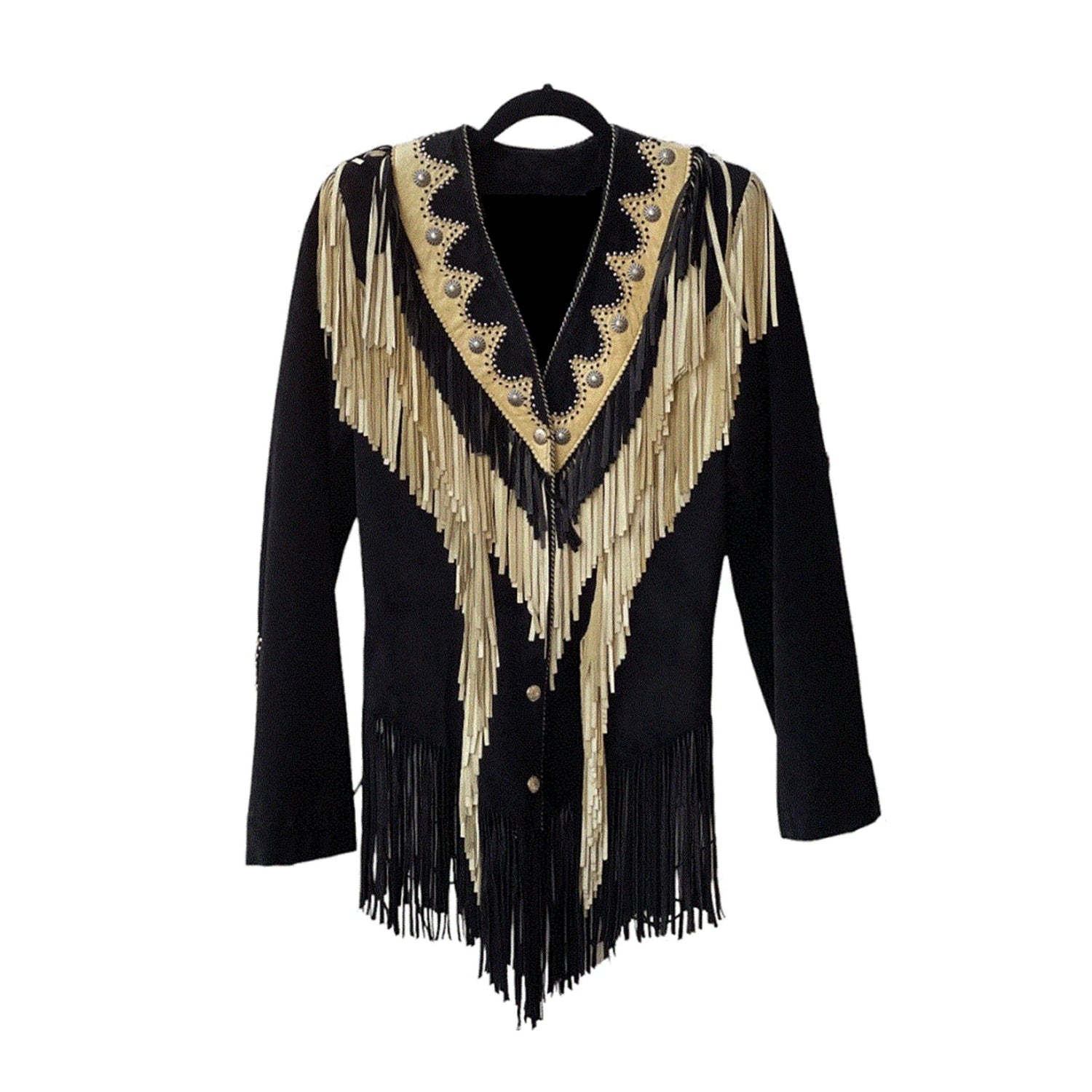 Black Suede Leather Fringe Jacket For Women front view
