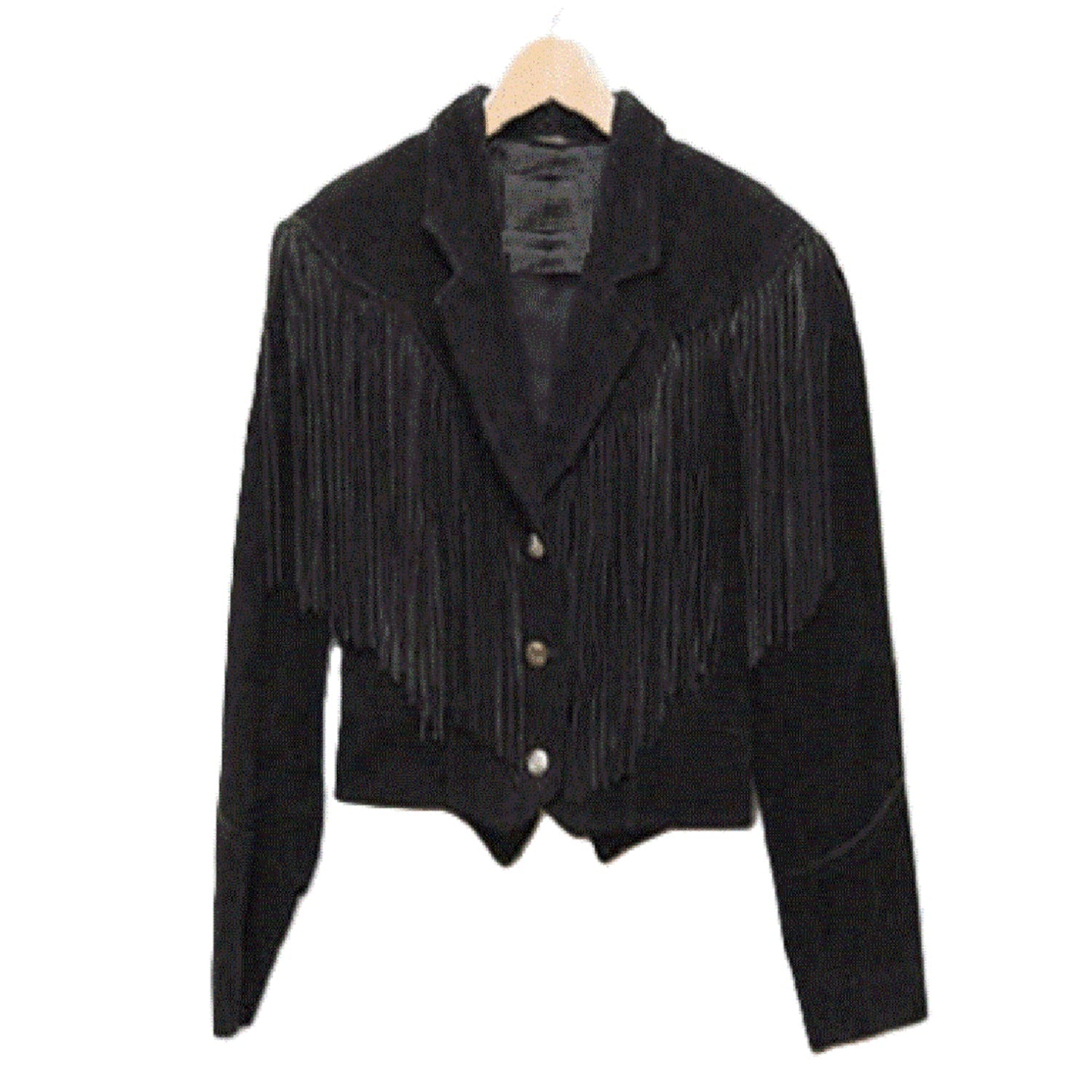 Black Suede Leather Fringe Short Body Jacket For Women front view