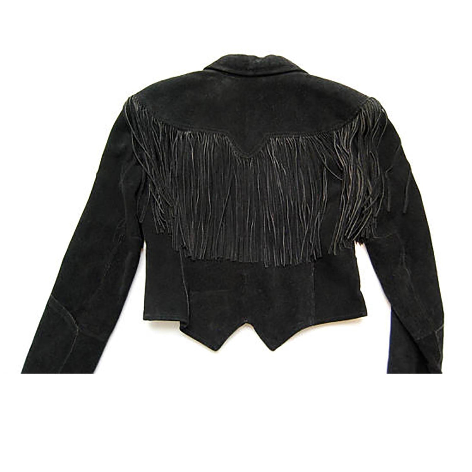 Black Suede Leather Fringe Short Body Jacket For Women side view