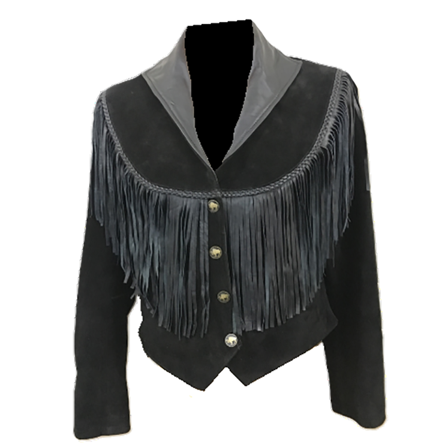 Black Suede Leather Fringe Short Jacket For Women front view