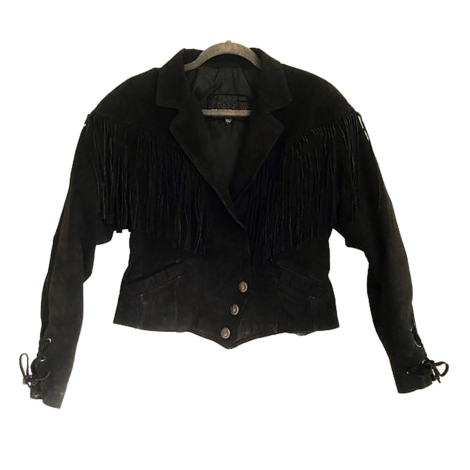 Black Suede Leather Fringe Short Jacket For Women front view