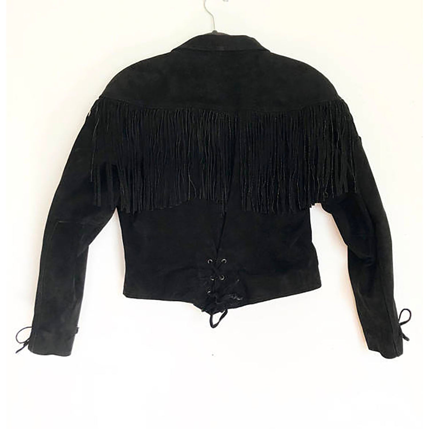 Black Suede Leather Fringe Short Jacket For Women side view