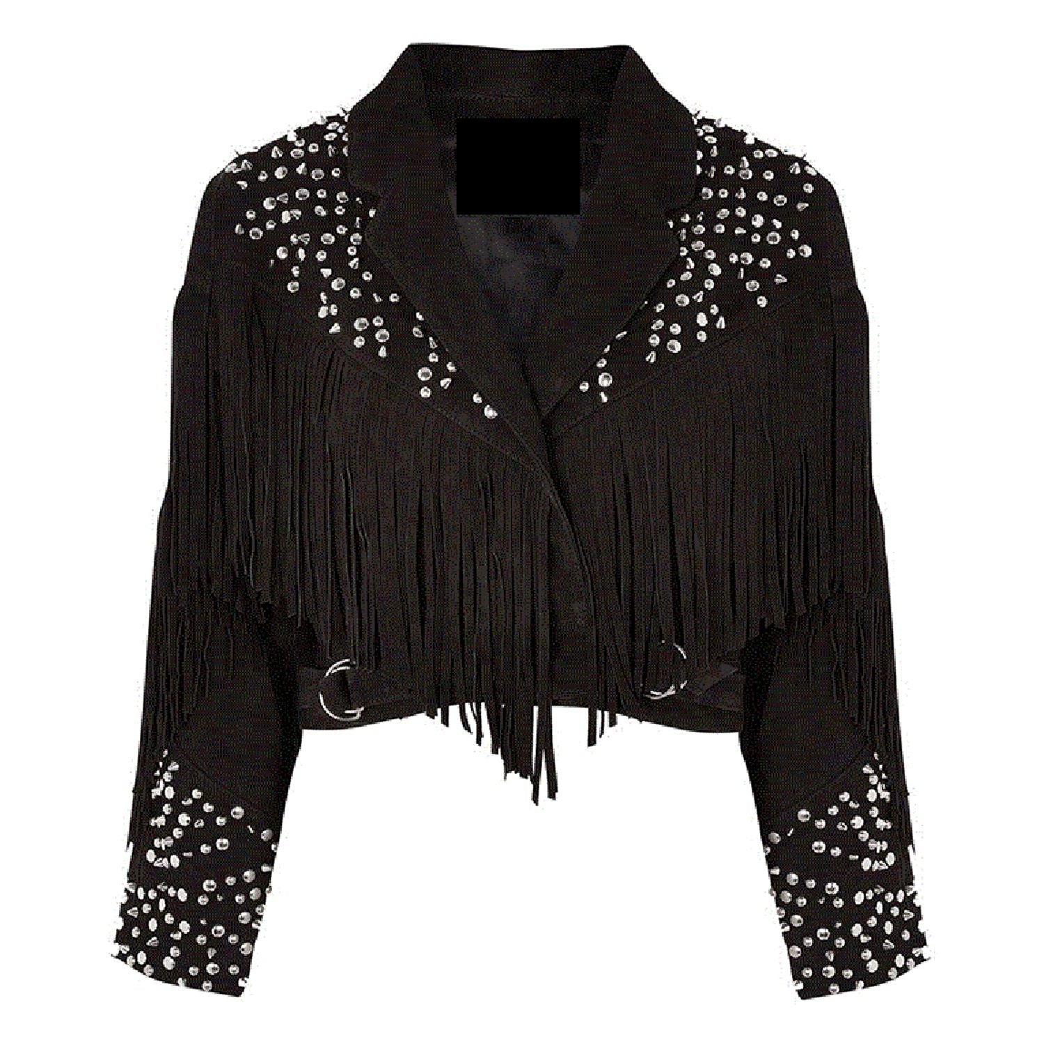 Black Suede Leather Fringe Stud Jacket For Women front view