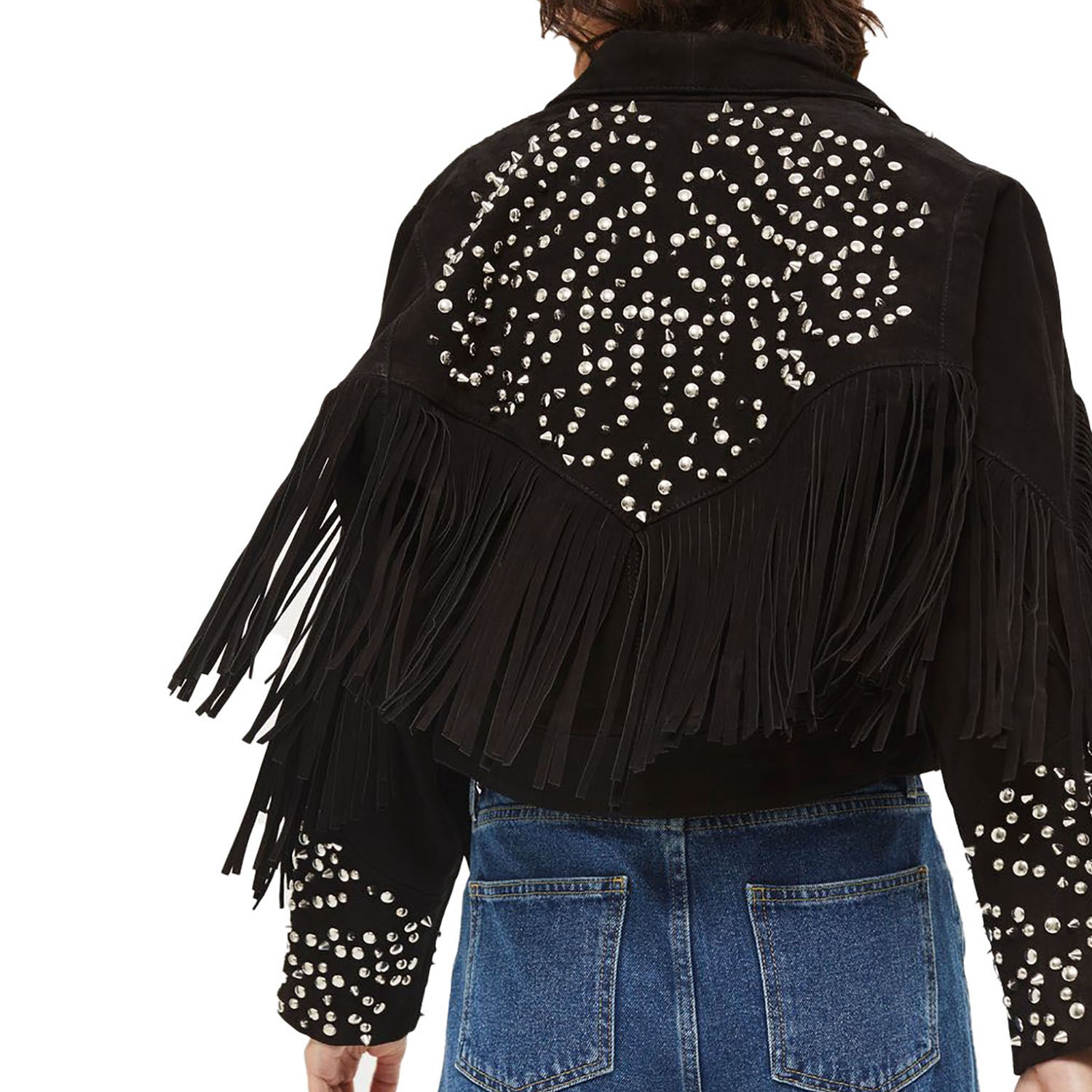 Black Suede Leather Fringe Stud Jacket For Women side view