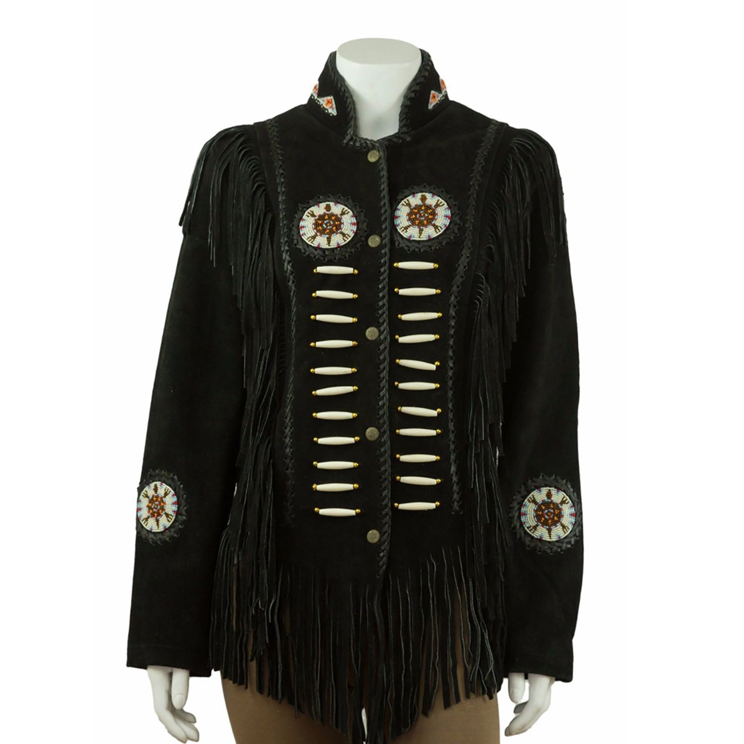 Black Suede Leather Fringes Beaded Jacket For Women front view