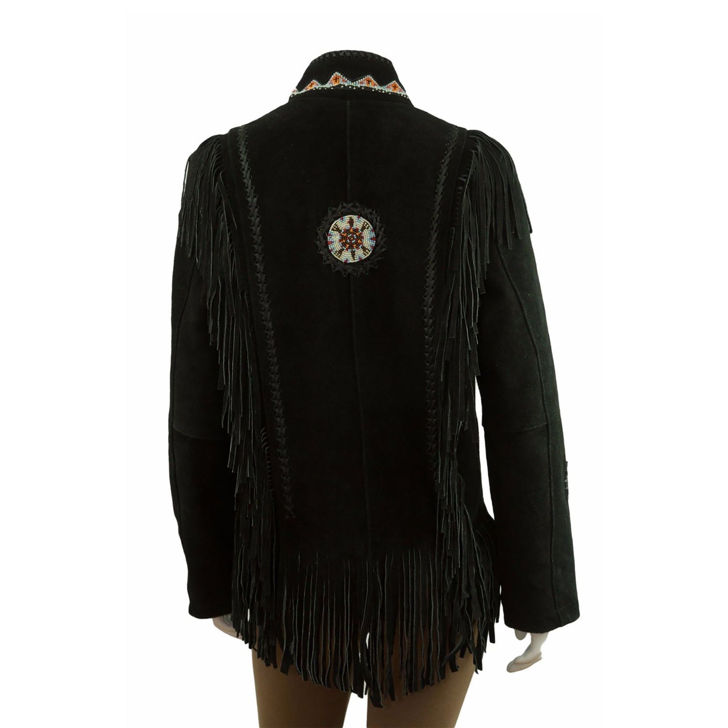 Black Suede Leather Fringes Beaded Jacket For Women side view