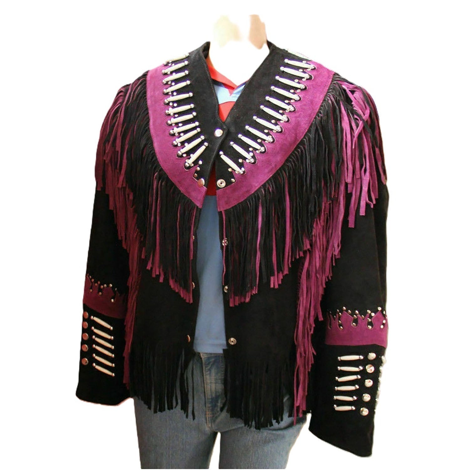 Black Suede Leather Fringes & Bone work Cowgirl Jacket front view