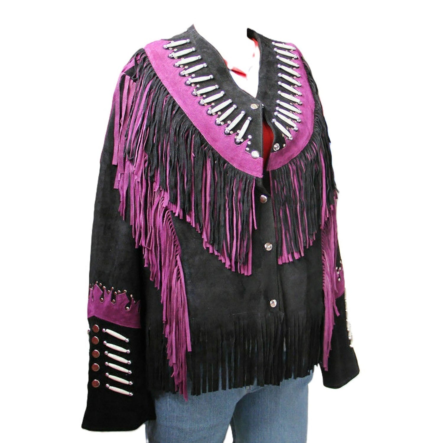 Black Suede Leather Fringes & Bone work Cowgirl Jacket side view