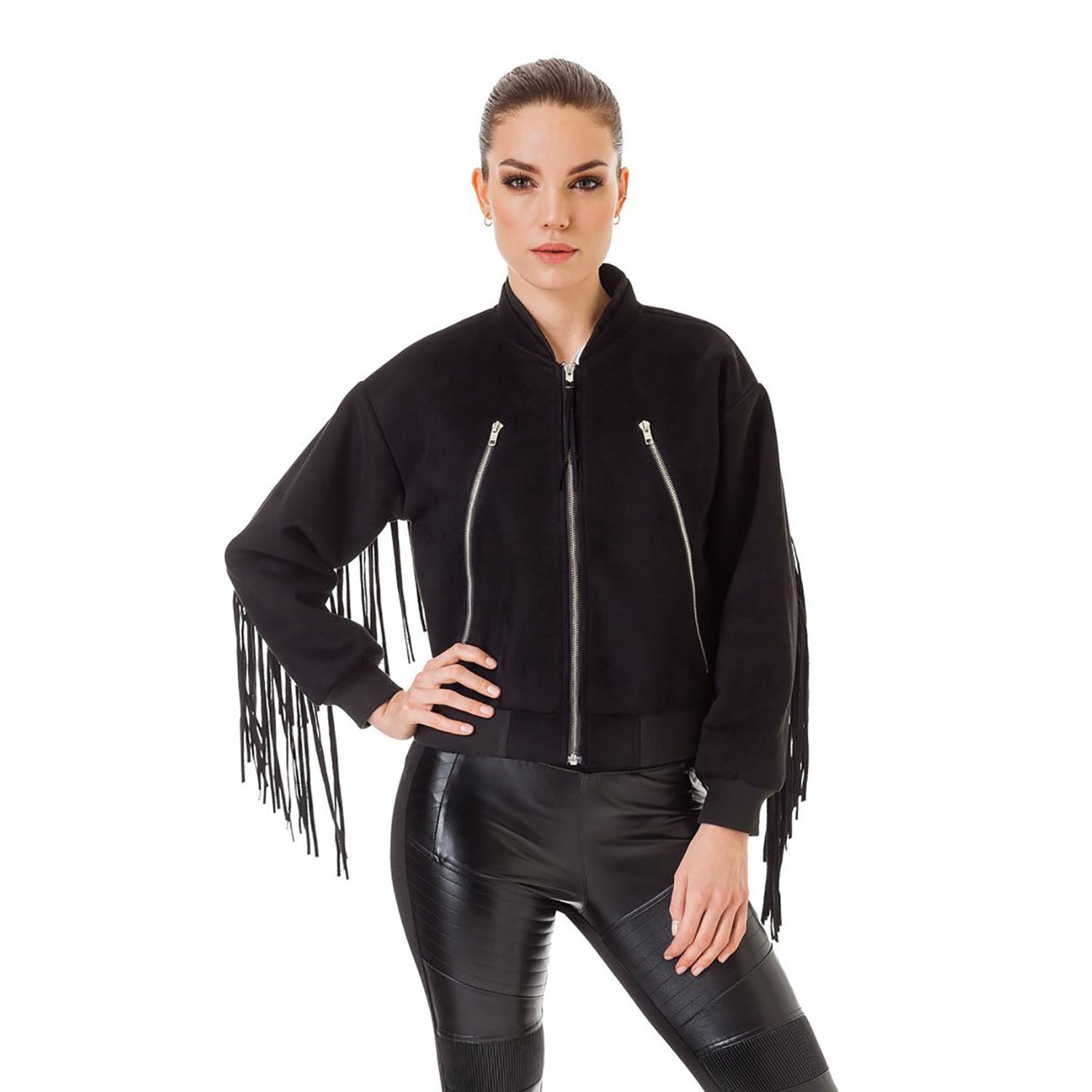 Black Suede Leather Fringes Jacket For Women front view