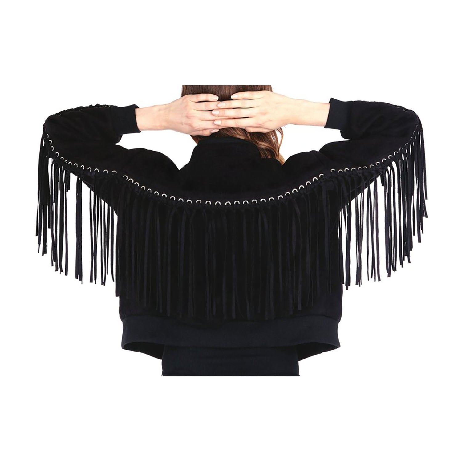 Black Suede Leather Fringes Jacket For Women side view