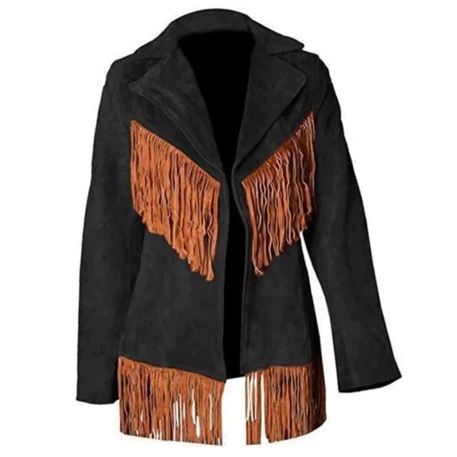 Black Suede Leather Fringes Jacket For Women front view