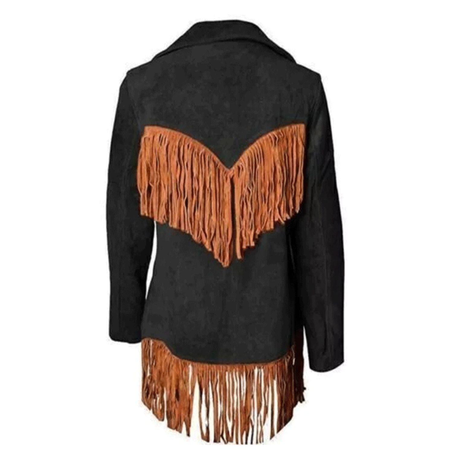 Black Suede Leather Fringes Jacket For Women side view