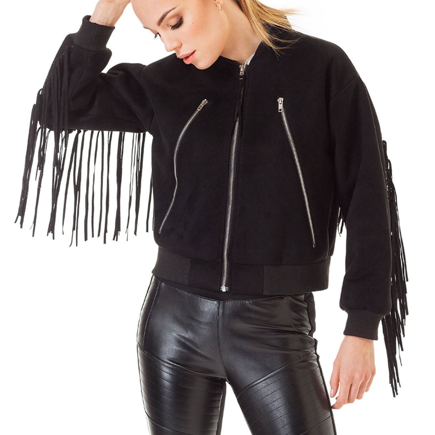 Black Suede Leather Jacket For Women front view