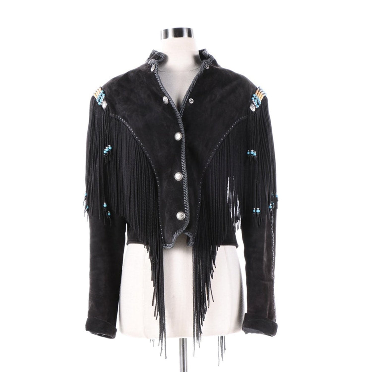 Black Suede Leather Twisted Fringe Jacket For Women front view