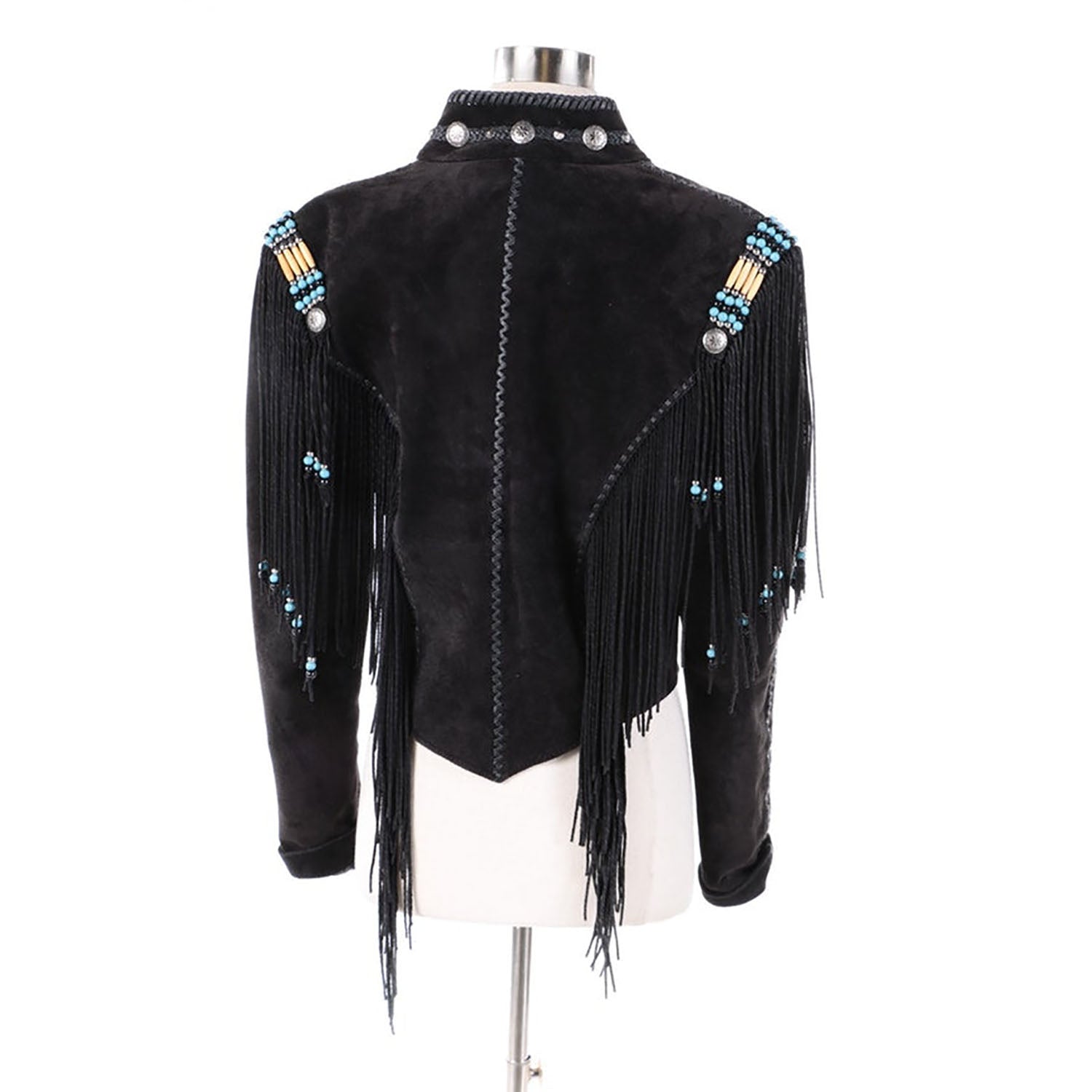 Black Suede Leather Twisted Fringe Jacket For Women side view