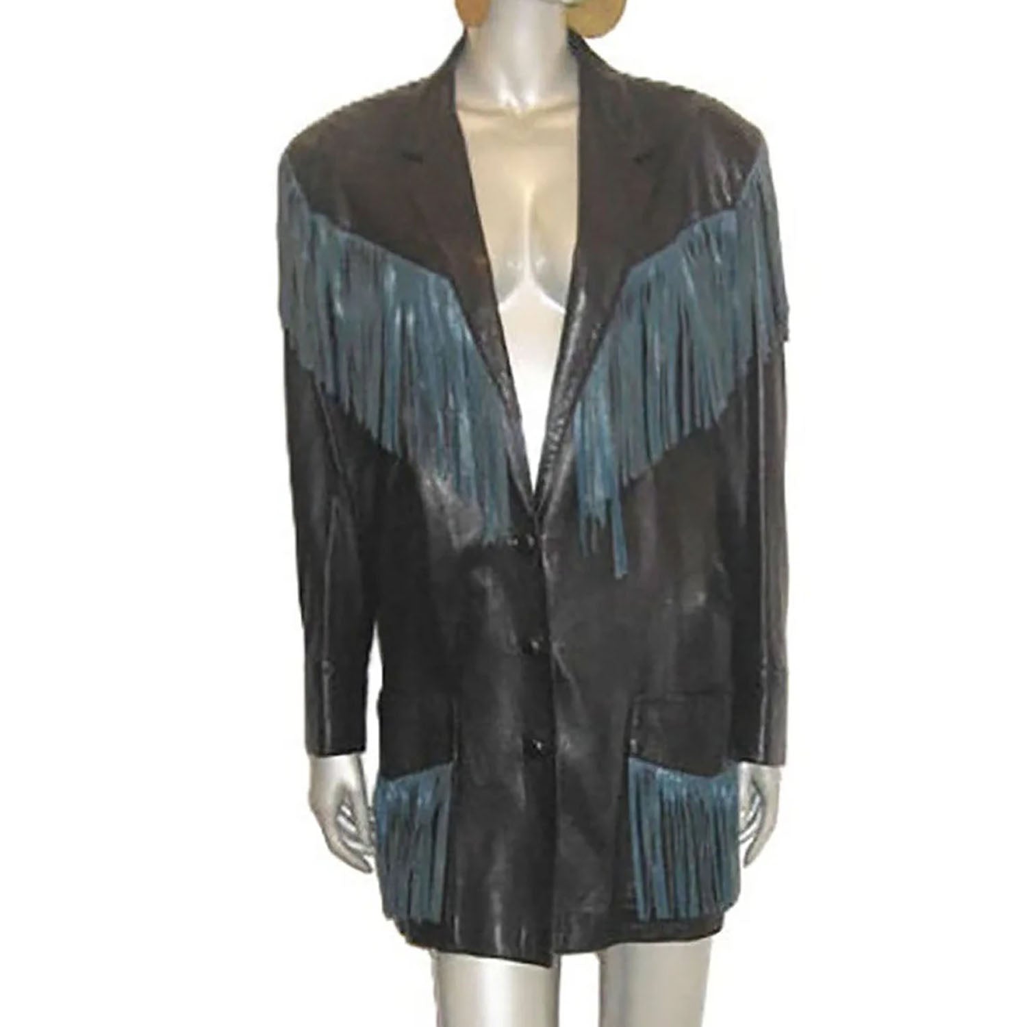 Black Teal Blue Leather Fringed Jacket Coat For Women front view