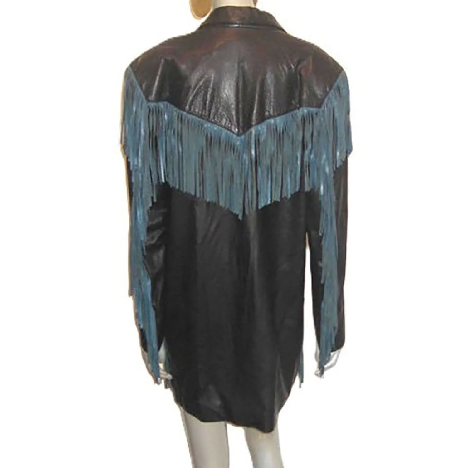 Black Teal Blue Leather Fringed Jacket Coat For Women side view