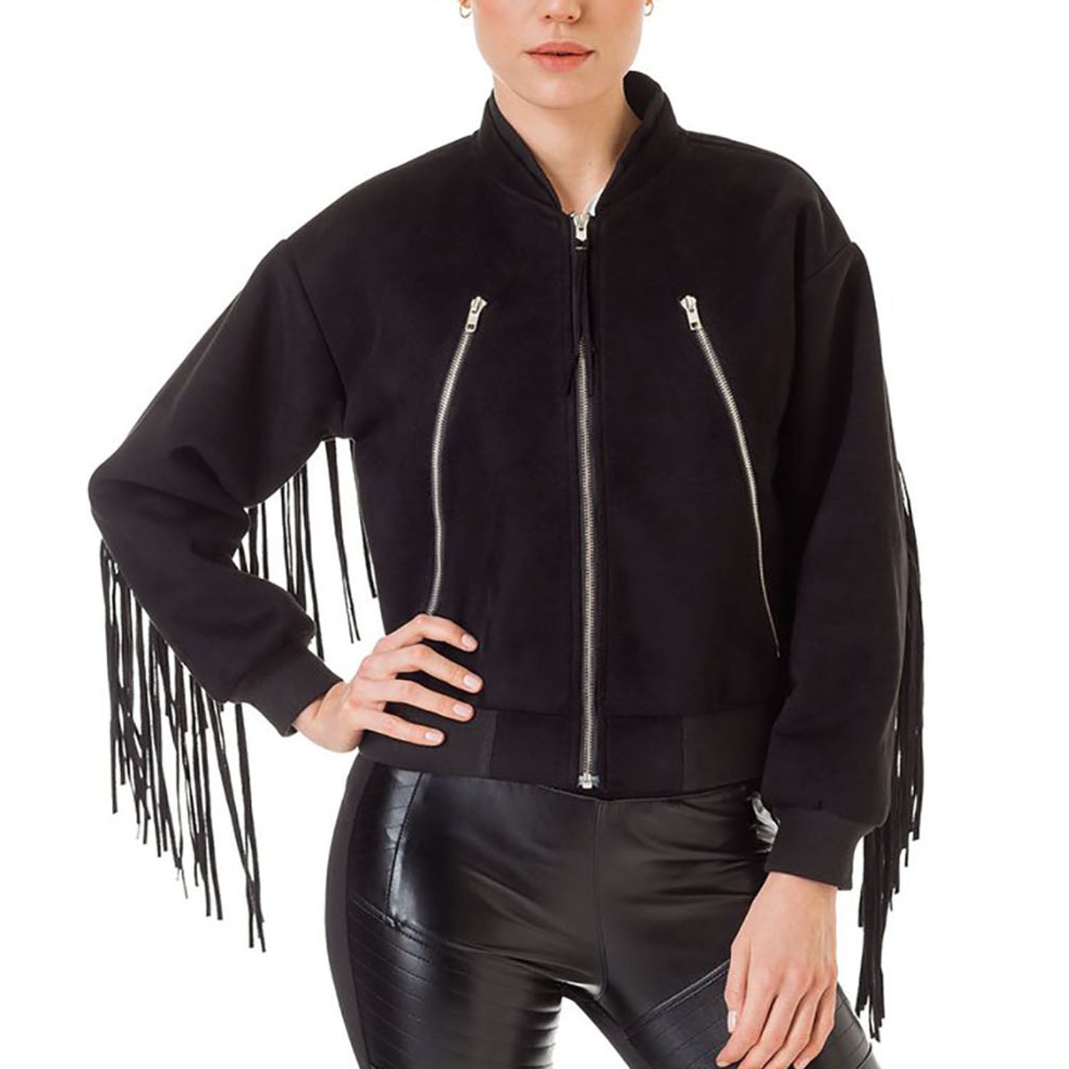 Black Wool with Leather Fringes Jacket For Women front view
