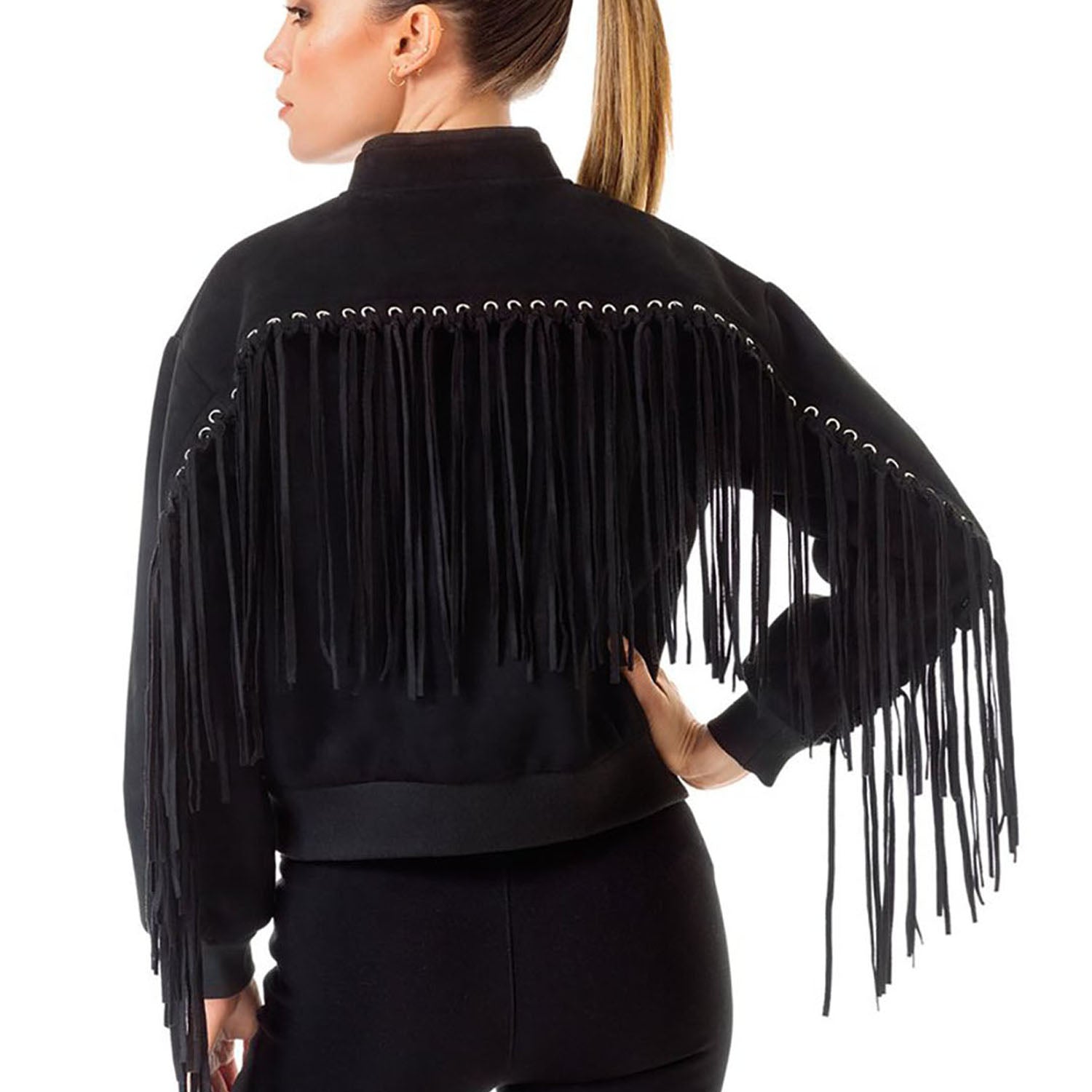 Black Wool with Leather Fringes Jacket For Women side view