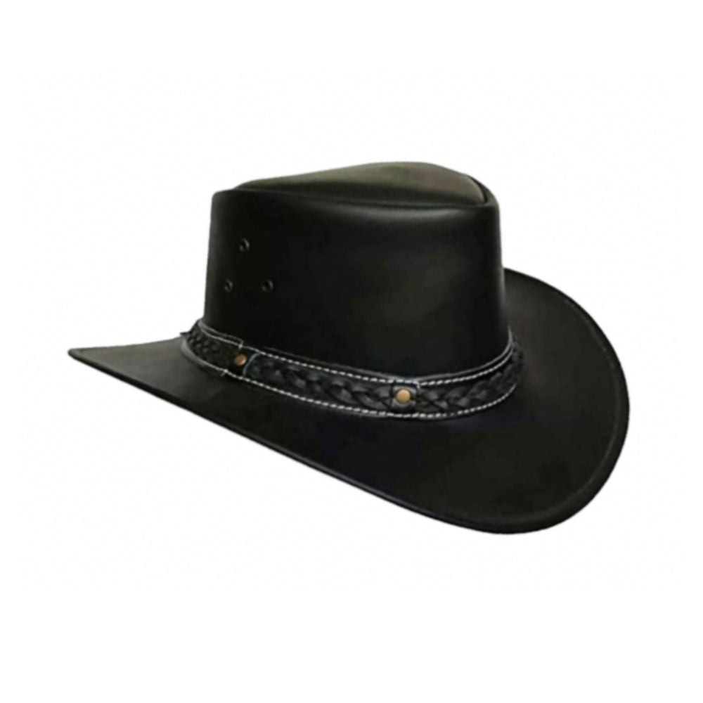 Black and brown leather cowboy hat.

