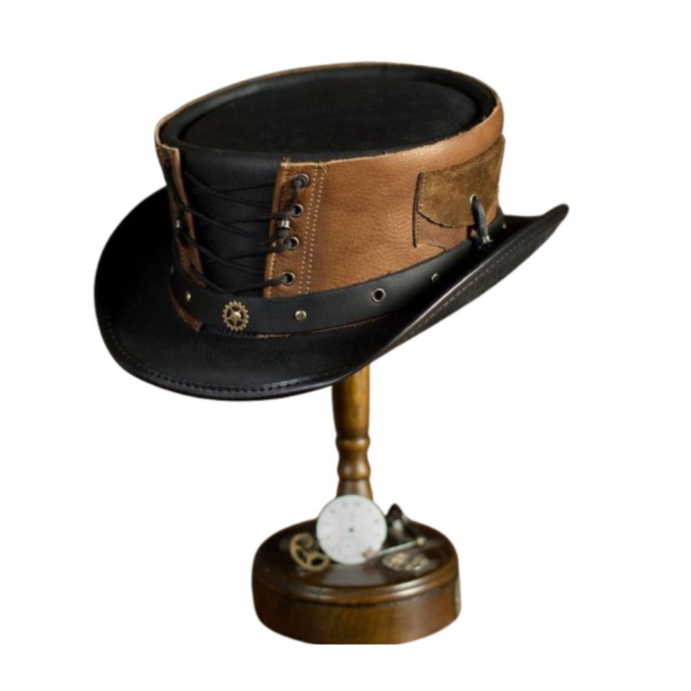 Steampunk-style top hat on a decorative stand with gears and a clock face.