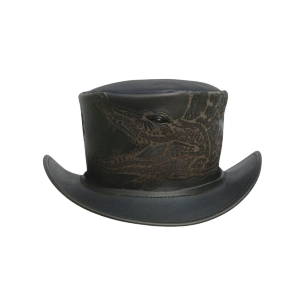 Black crocodile engraved leather top hat
