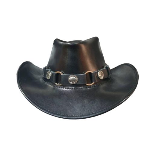 Black leather cowboy hat featuring a buffalo concho for a classic, rugged look.