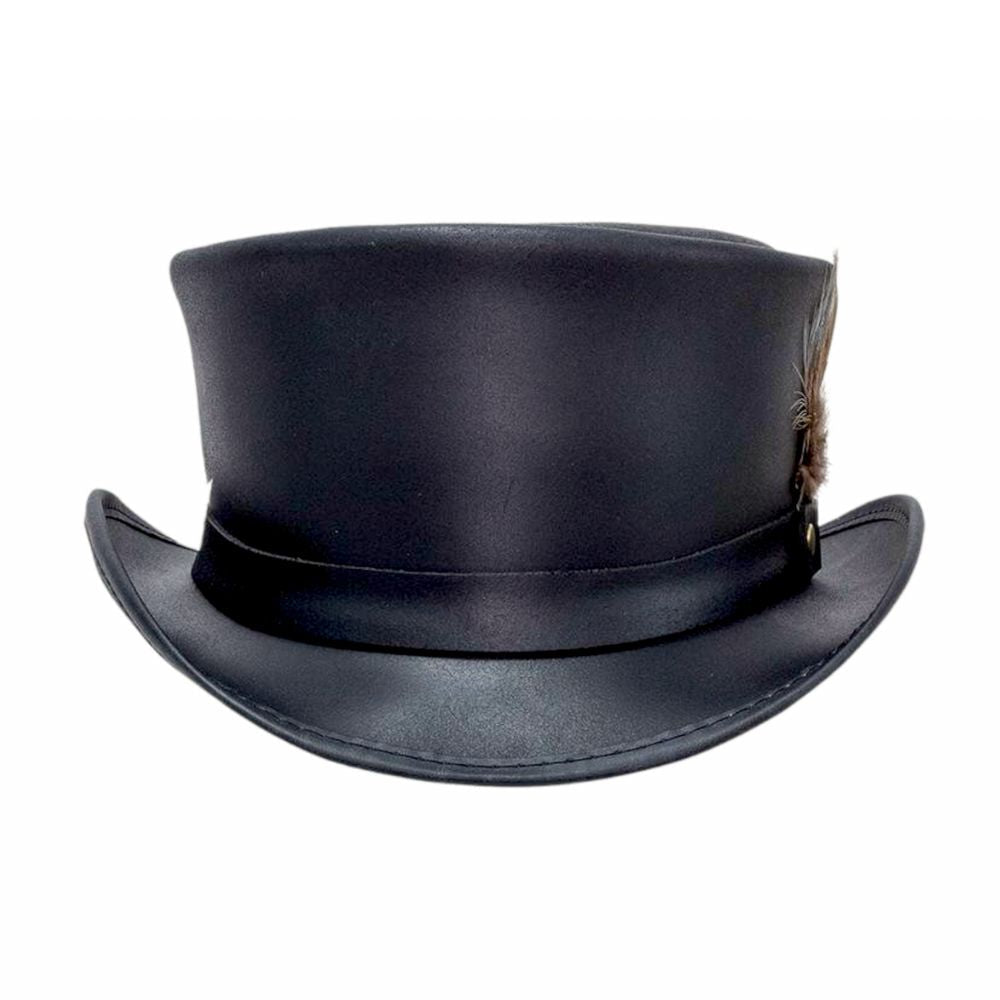 Black leather top hat with ostrich feather.

