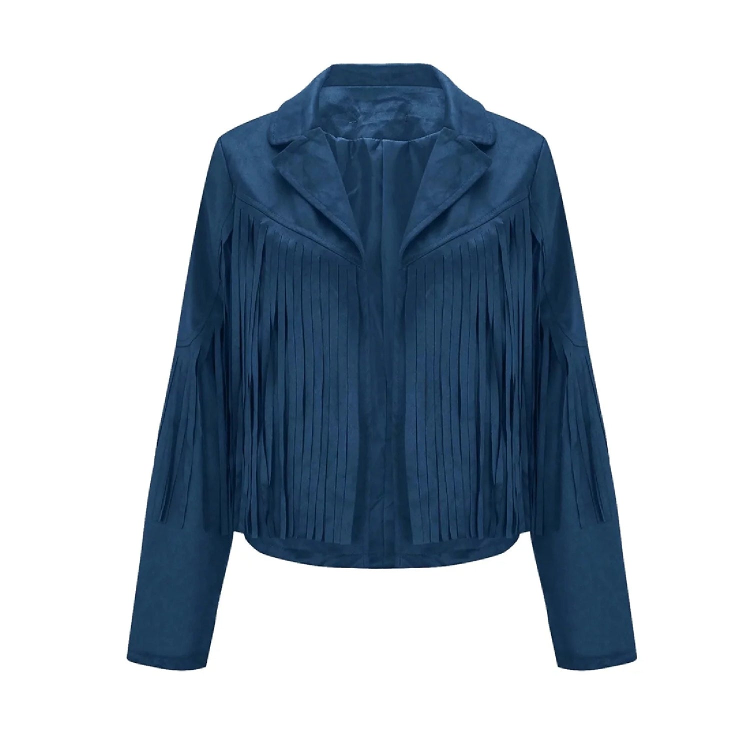 Blue Leather Long Fringe Jacket For Women front view