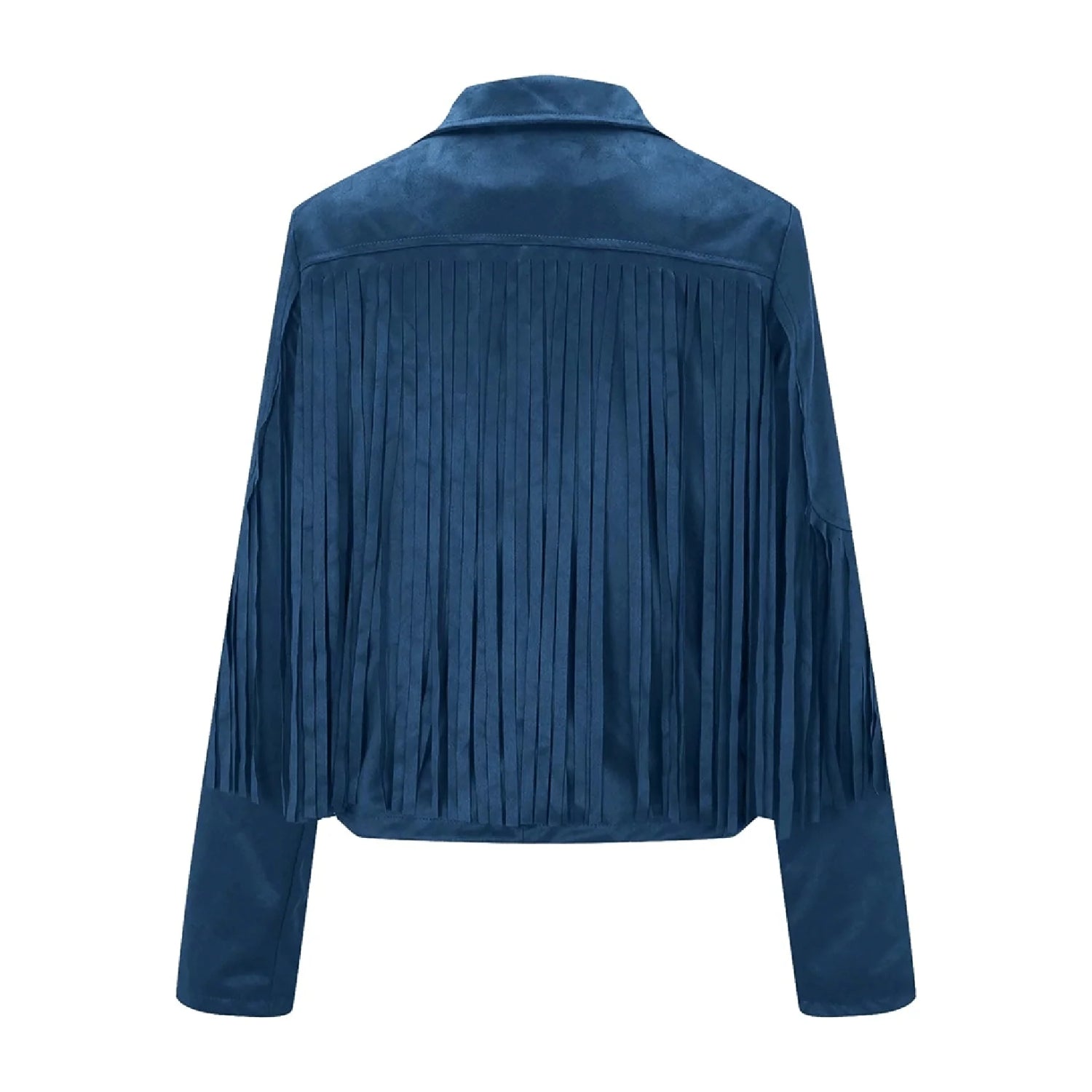 Blue Leather Long Fringe Jacket For Women side view