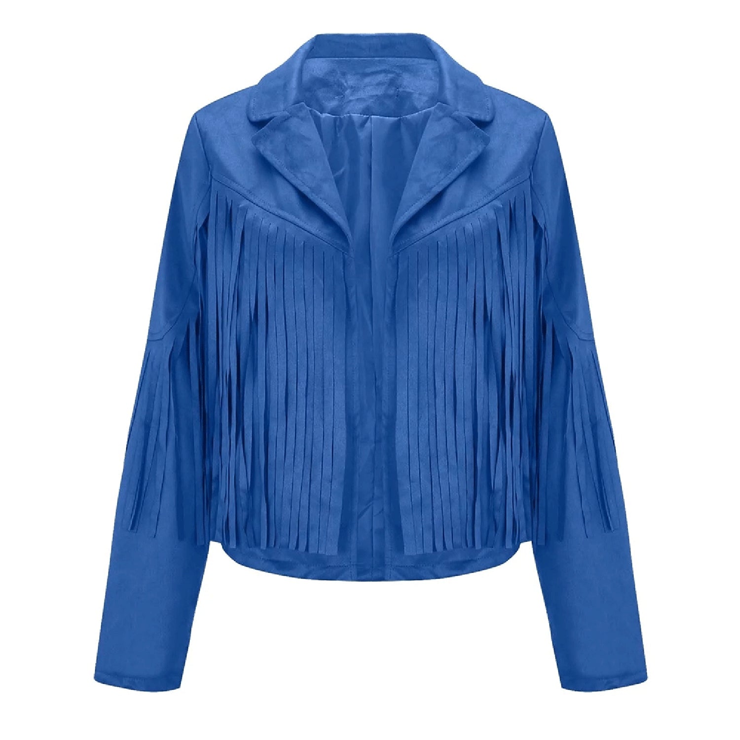 Blue Leather Long Fringe Jacket For Women front view
