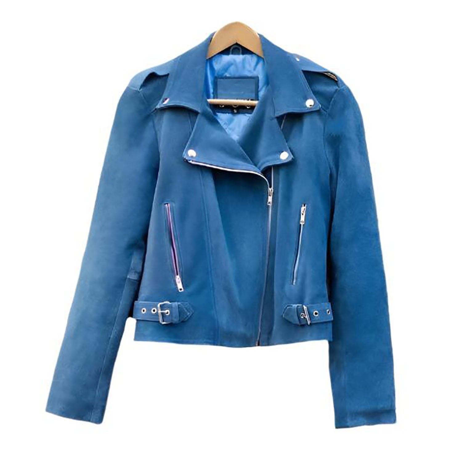Blue Suede Leather Fringe Jacket For Women front view