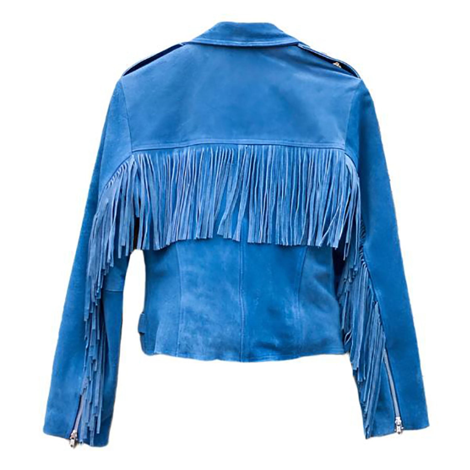 Blue Suede Leather Fringe Jacket For Women side view