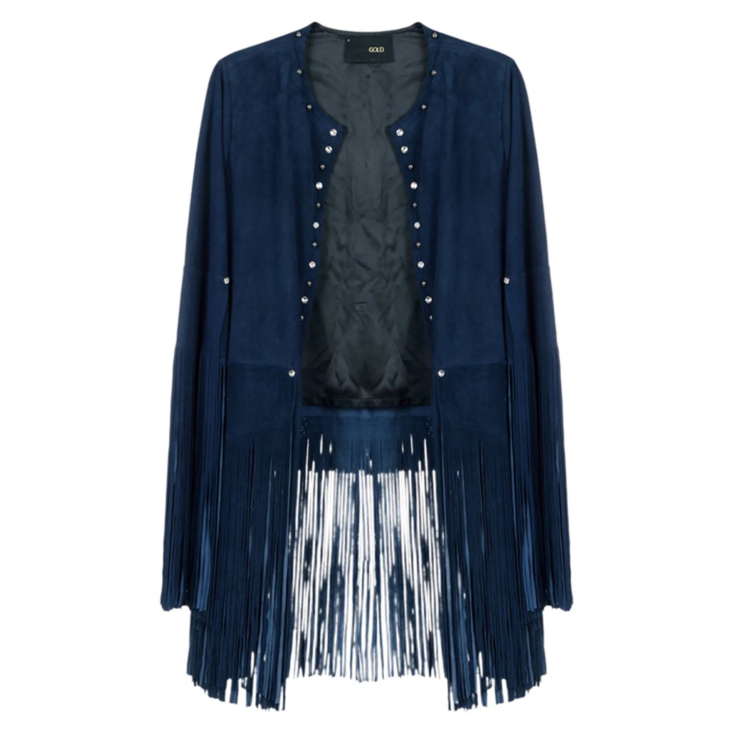 Blue Suede Leather Fringe & Silver Stud Work Jacket For Women front view