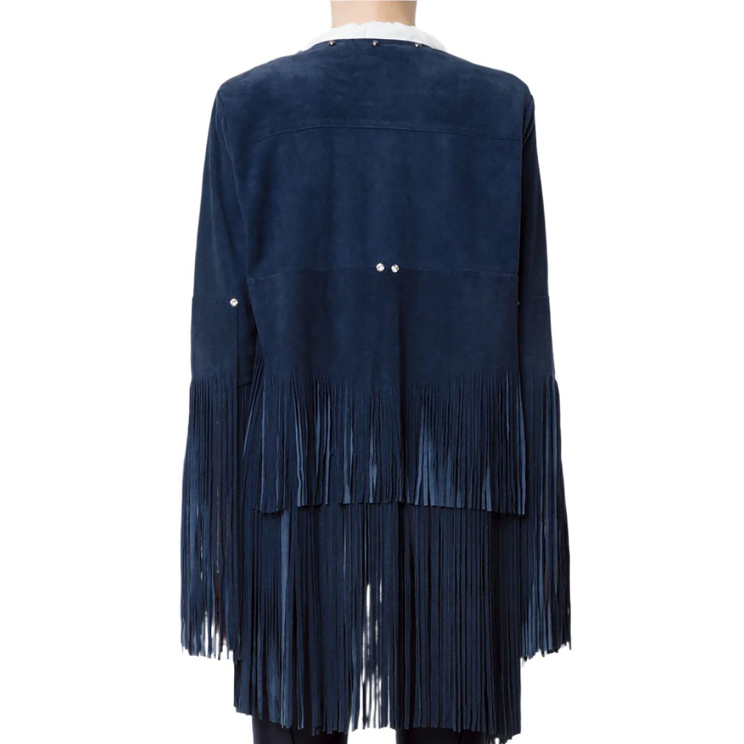 Blue Suede Leather Fringe & Silver Stud Work Jacket For Women side view