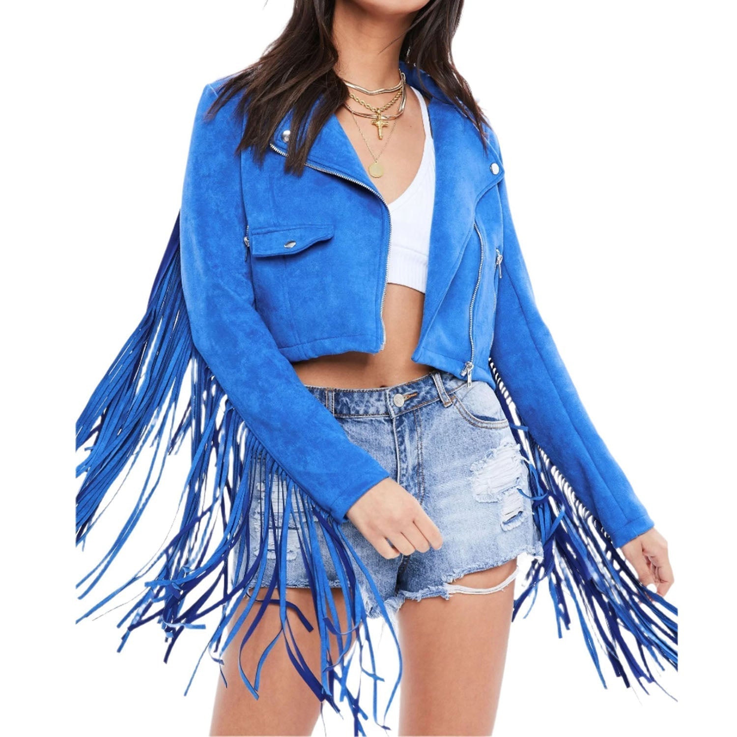 Blue Suede Leather Fringes Biker Jacket For Women front view