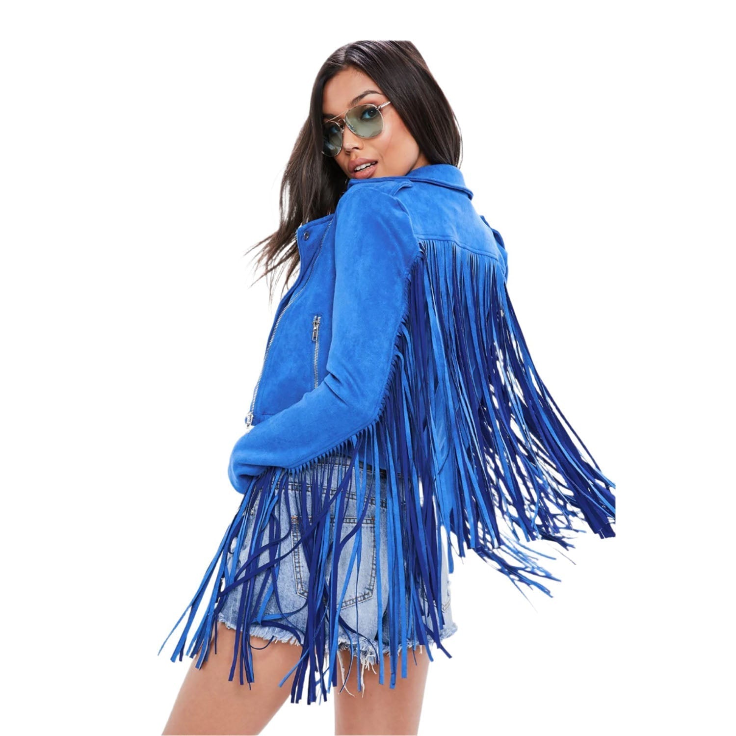 Blue Suede Leather Fringes Biker Jacket For Women side view