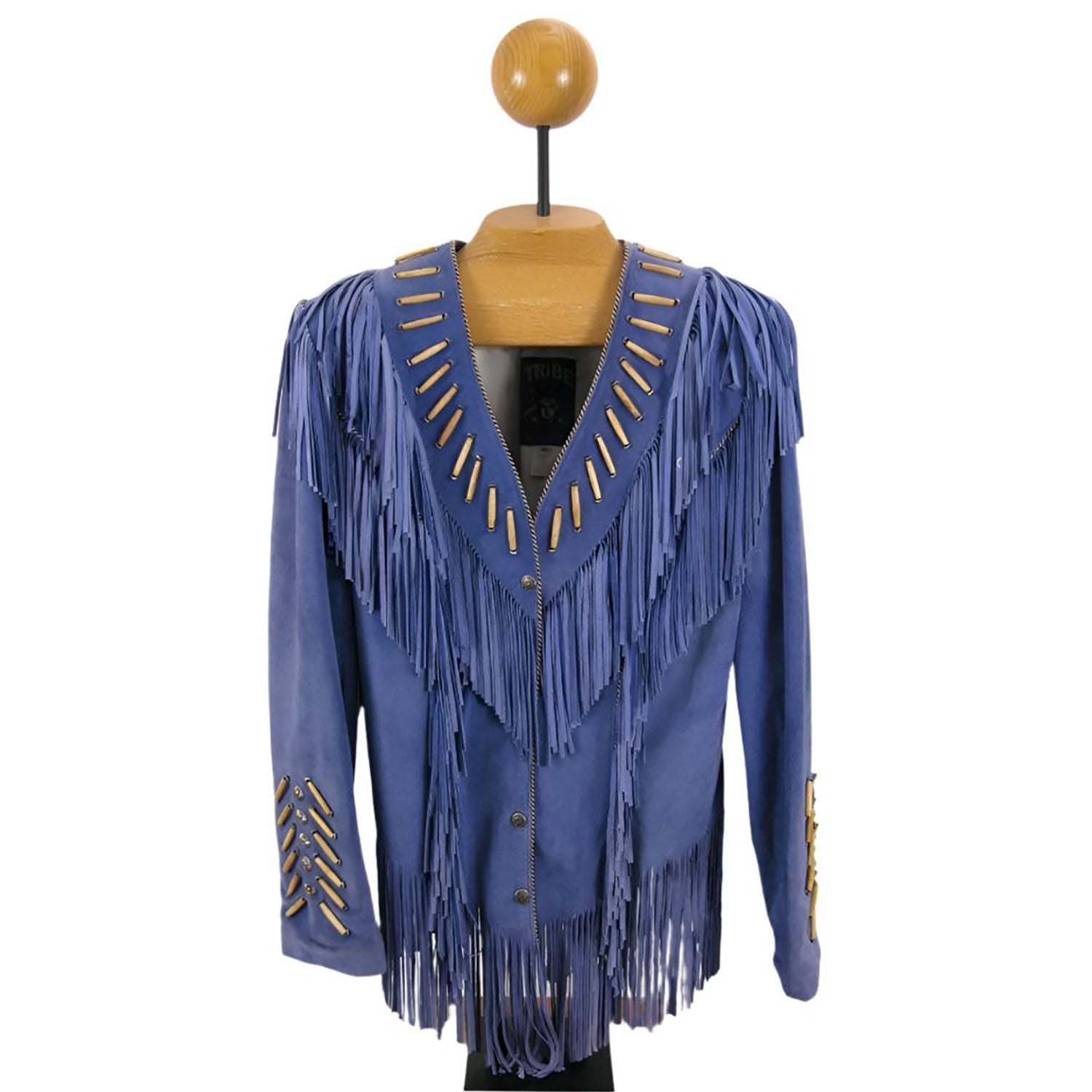 Blue Suede Leather Fringes & Bone Jacket For Women front view