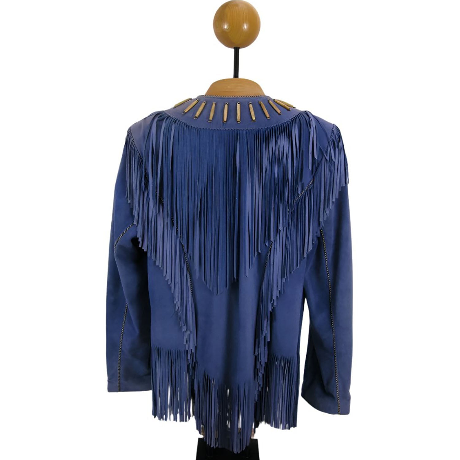 Blue Suede Leather Fringes & Bone Jacket For Women side view