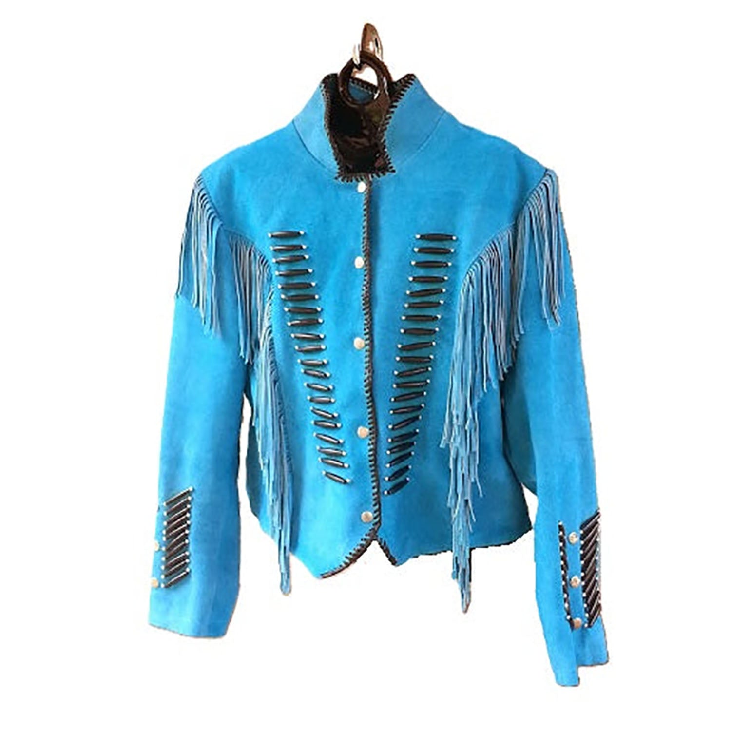 Blue Suede Leather Fringes Bone work Jacket For Women front view