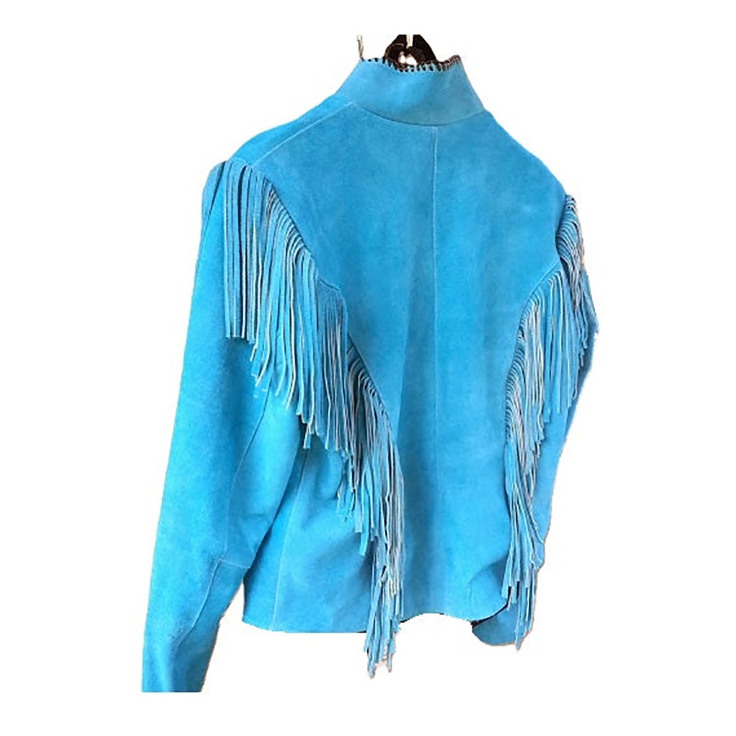 Blue Suede Leather Fringes Bone work Jacket For Women side view