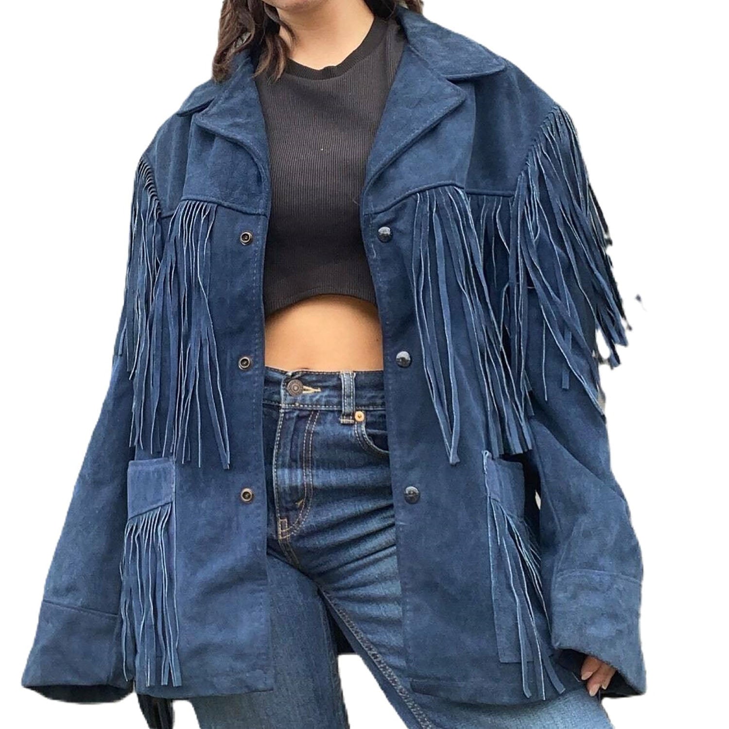 Blue Suede Leather Long Fringe Jacket For Women front view