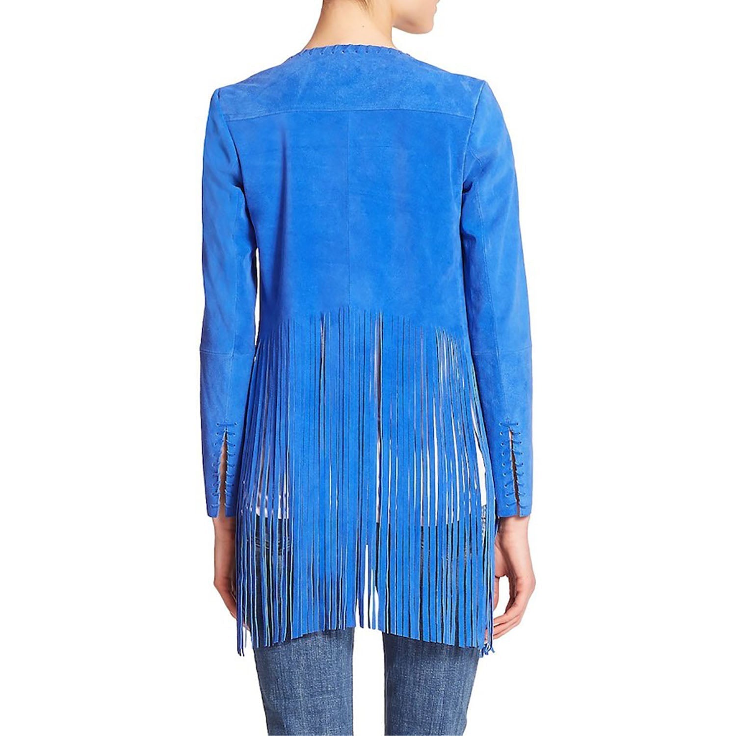 Blue Suede Leather Long Fringe Open Jacket For Women side view