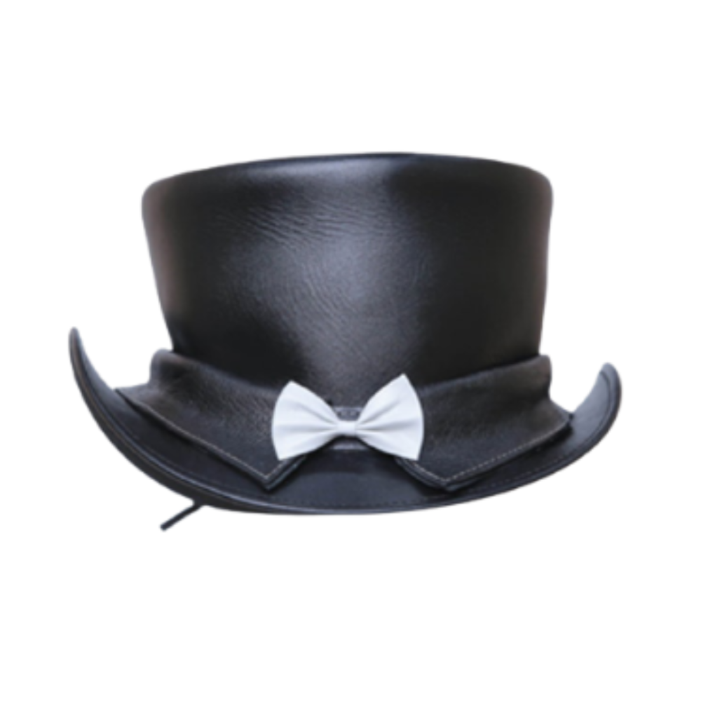 Black top hat with a white bow tie on a white background