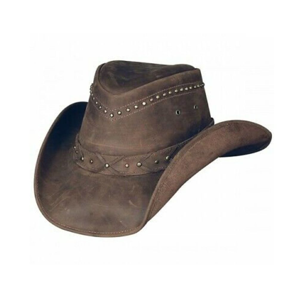 Brown leather cowboy hat with decorative band on a white background