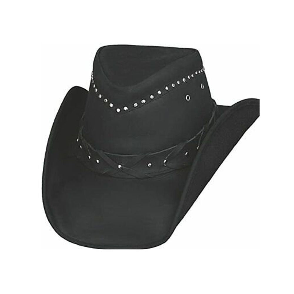 Black cowboy hat with silver studded details on a white background